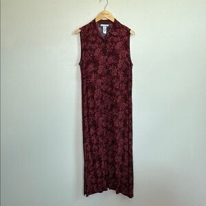 bice' Women Large Maroon Floral Sleeveless‎ Button Up Rayon Maxi Dress Collar